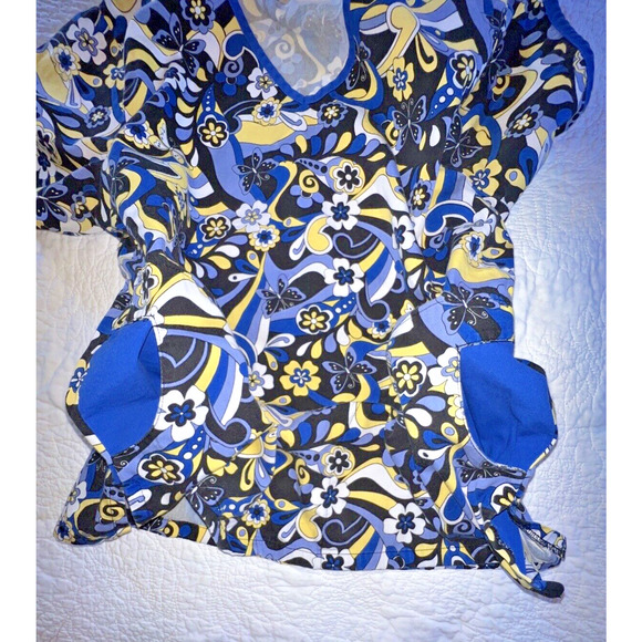 Comfy Cotton V Neck Scrub Top 2 Pockets Blue Yellow Floral Women's S Nursing Vet - Picture 5 of 5